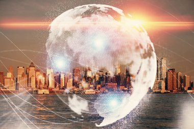 İş temalı hologram çizimine ve şehrin arka planına çifte maruz kalma. Başarı kavramı.