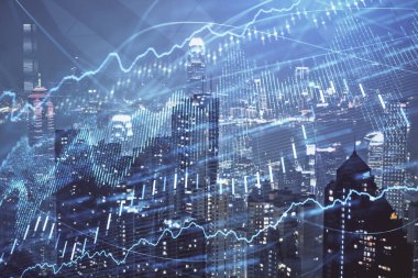 Cityscape arka plan üzerinde forex grafik çizimleri çift pozlama. Başarı kavramı.