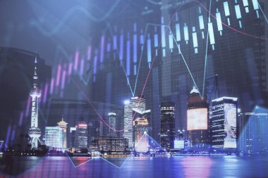 Yüksek binalar arka plan çift pozlama ile gece şehir scape mali grafik. Analiz kavramı.