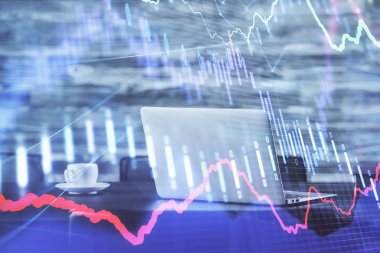 Bilgisayar geçmişi olan eski grafik hologramı. Çifte maruziyet. Finans piyasası kavramı.