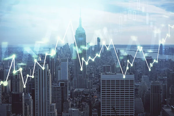 Gráfico Forex en vista de la ciudad con rascacielos fondo doble exposición. Concepto de análisis financiero . —  Fotos de Stock