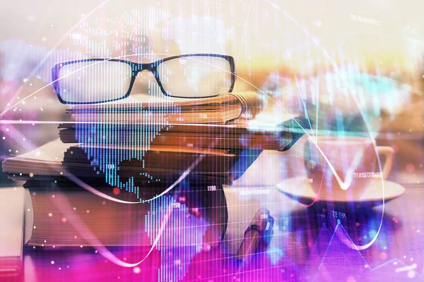 Business theme hologram with glasses on the table background. Concept of search. Double exposure. — Stock Photo, Image