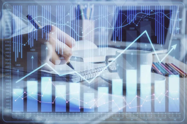 A kézzel rajzolt pénzügyi diagramok háttér-feljegyzések. A kutatás fogalma. Kettős expozíció — Stock Fotó