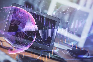 Arka planda eski pazar grafik hologramı ve kişisel bilgisayar var. Çifte maruziyet. Yatırım kavramı.