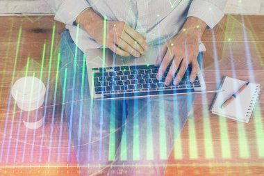 Borsa forex grafiği ile çoklu pozlama closeup eller. Araştırma ve analiz kavramı.