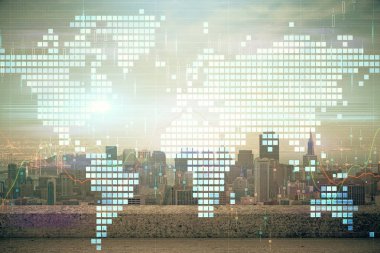 İş temalı hologram çizimine ve şehrin arka planına çifte maruz kalma. Başarı kavramı.