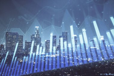 Yüksek binaların arka planında çoklu pozlama olan eski şehir haritası. Finansal araştırma kavramı.