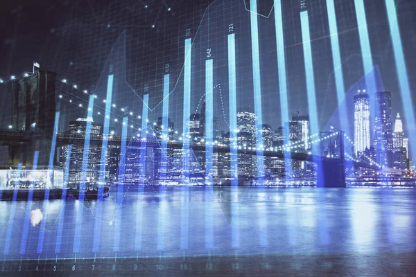 Financial graph on night city scape with tall buildings background multi exposure. Analysis concept.