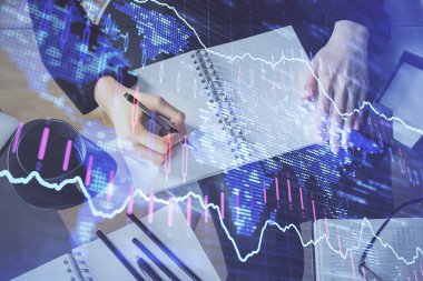 Forex grafik hologram el notları arka plan alarak. Analiz kavramı. Çoklu pozlama