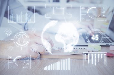 Adam ile mali grafik multi pozlama arka planda ofiste çalışır. Analiz kavramı.