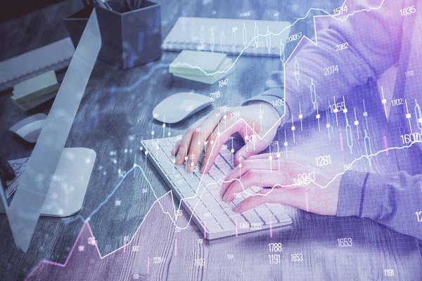 Double exposure of financial graph with man works in office on background. Concept of analysis. — Stock Photo, Image