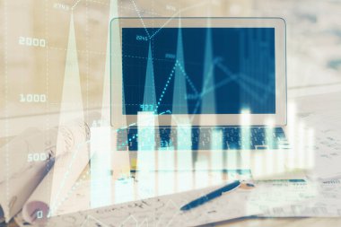 Bilgisayar geçmişi olan eski grafik hologramı. Çoklu maruz kalma. Finans piyasası kavramı.