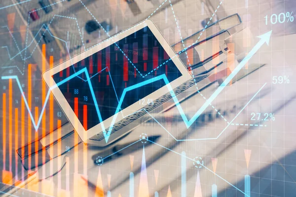 Stock market chart hologram drawn on personal computer background. Double exposure. Concept of investment. — Stock Photo, Image