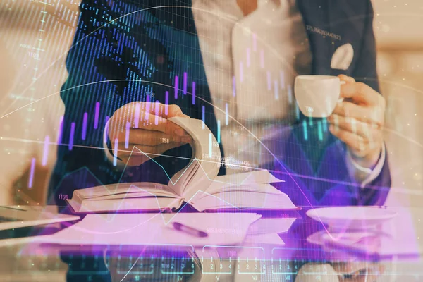 Double exposure of businessman with coffee with stock market forex chart.