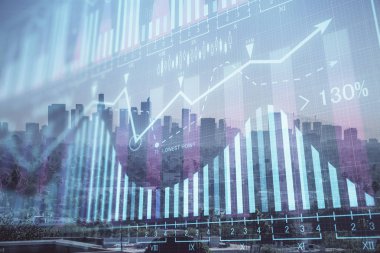 Gökdelenler, duvar kağıtları ve çoklu pozlama ile şehir manzarasının eski çizelgesi. Finansal araştırma kavramı.