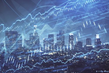 Yüksek binaların arka planında çoklu pozlama olan eski şehir haritası. Finansal araştırma kavramı.