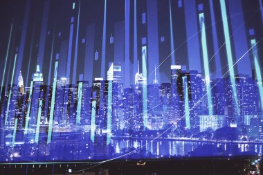 Cityscape arka plan üzerinde forex grafik çizimleri çift pozlama. Başarı kavramı.