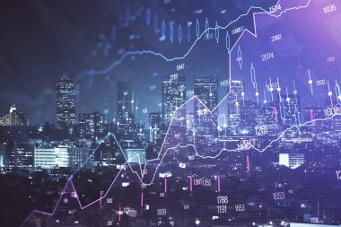 Yüksek binalar arka plan çok pozlama ile gece şehir scape mali grafik. Analiz kavramı.