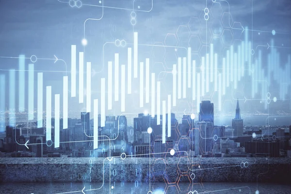 Forex graf på stadsbilden med skyskrapor bakgrund multi exponering. Begreppet finansiell analys. — Stockfoto