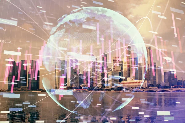 Yüksek binaların arka planında çoklu pozlama olan eski şehir haritası. Finansal araştırma kavramı.