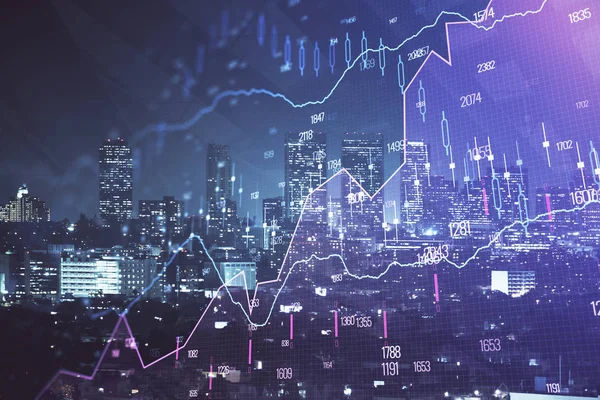 Yüksek binalar arka plan çok pozlama ile gece şehir scape mali grafik. Analiz kavramı.