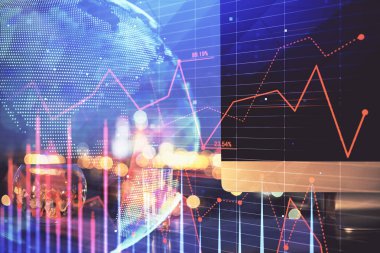 Finansal grafik renkli çizimler ve arka planda bilgisayar olan tablolar. Çoklu maruz kalma. Uluslararası pazarlar kavramı.