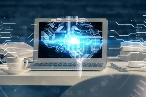 Doble exposición de la mesa con la computadora y el holograma cerebral. Concepto de innovación . —  Fotos de Stock