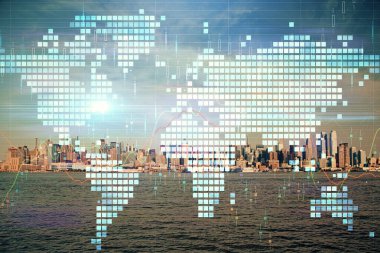 İş temalı hologram çizimine ve şehrin arka planına çifte maruz kalma. Başarı kavramı.