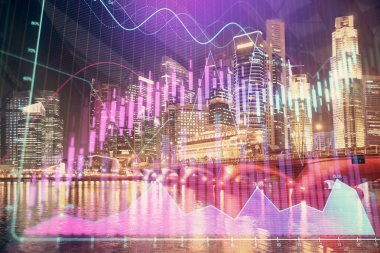 Yüksek binalar arka plan çok pozlama ile şehir scape mali grafik. Analiz kavramı.