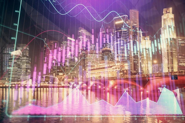 Yüksek binalar arka plan çok pozlama ile şehir scape mali grafik. Analiz kavramı.