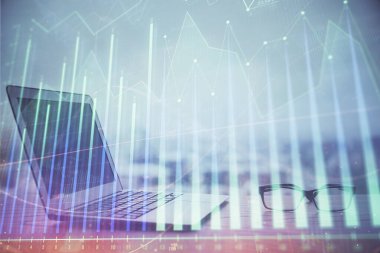 Bilgisayar geçmişi olan eski grafik hologramı. Çoklu maruz kalma. Finans piyasası kavramı.