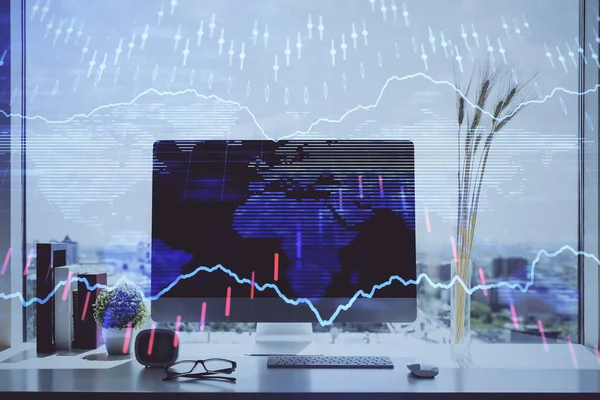 Stock market graph on background with desk and personal computer. Multi exposure. Concept of financial analysis.