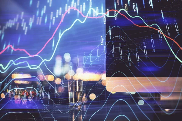 Pénzügyi chart rajz és táblázat számítógép a háttérben. Dupla expozíció. A nemzetközi piacok fogalma. — Stock Fotó