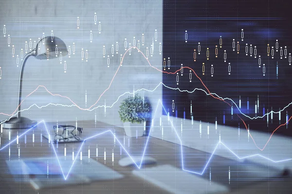 Holograma grafului pieței Forex și computerul personal pe fundal. Expunere dublă. Conceptul de investiție . — Fotografie, imagine de stoc