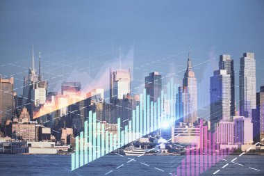 Gökdelenler arka planda çift pozlama ile şehir görünümünde eski grafik. Mali analiz kavramı.