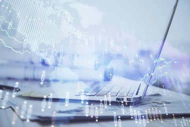 Bilgisayar geçmişi olan eski grafik hologramı. Çoklu maruz kalma. Finans piyasası kavramı.