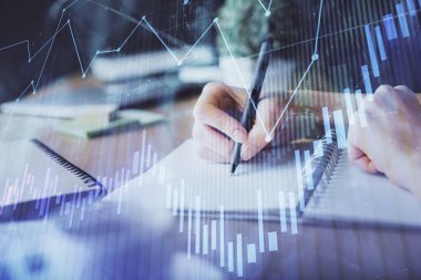 Finansal Forex grafiği el notları arka plan alarak çizilmiş. Araştırma kavramı. Çoklu pozlama
