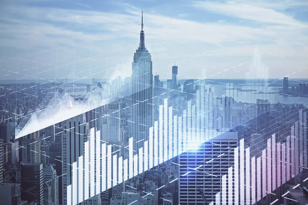 Gökdelenler arka planda çift pozlama ile şehir görünümünde eski grafik. Mali analiz kavramı.