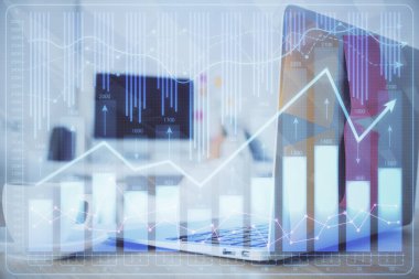 Finansal pazar grafiği hologramı ve kişisel bilgisayar arka planda. Çoklu maruz kalma. Önx kavramı.