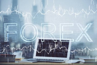 Forx grafiği ve bilgisayarla çalışma alanı çoklu pozlama. Uluslararası çevrimiçi ticaret kavramı.