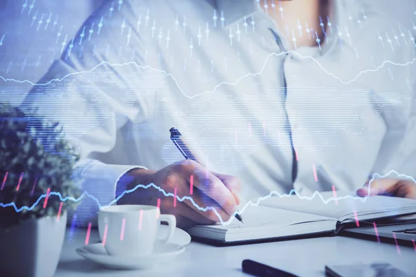 Double exposure of mans hands writing notes of stock market with forex chart. — Stock Photo, Image