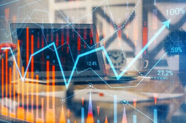 Arka planda eski pazar grafik hologramı ve kişisel bilgisayar var. Çoklu maruz kalma. Yatırım kavramı.