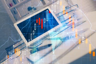 Eski pazar grafiği hologramı ve kişisel bilgisayar geçmişi. Çifte maruziyet. Yatırım kavramı.