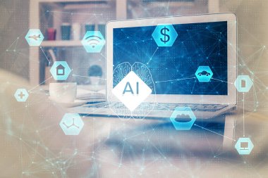 Teknoloji temalı çizim ve bilgisayarlı masa. Çoklu maruz kalma. Bilgi kavramı.