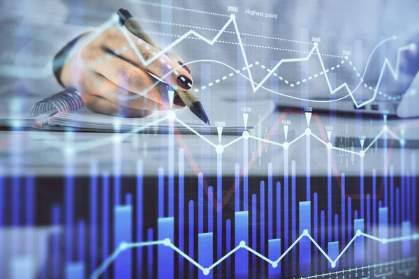 Dubbele blootstelling van dames handen maken van notities met Forex Graph hologram. Concept technische analyse. — Stockfoto