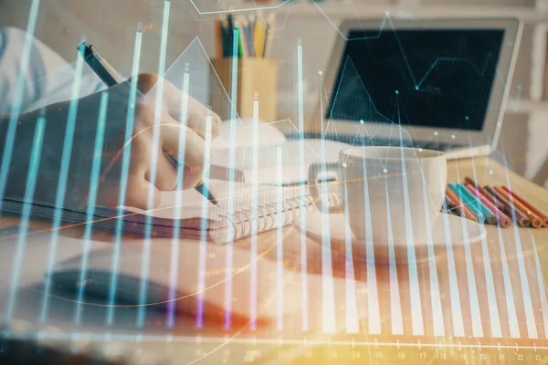 Cuadro financiero dibujado sobre las manos tomando notas de fondo. Concepto de investigación. Doble exposición — Foto de Stock