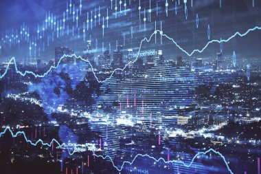 Yüksek binalar arka plan çok pozlama ile gece şehir scape mali grafik. Analiz kavramı.