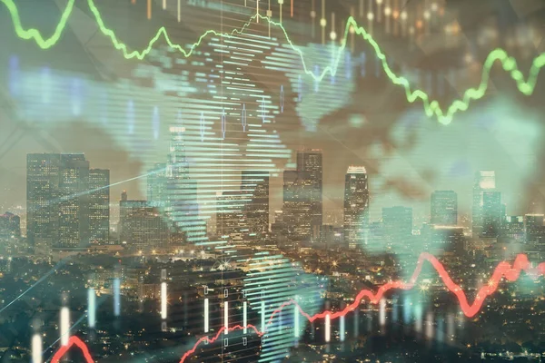 Multi exposure of forex chart drawings over cityscape background. Concept of success. — Stock Photo, Image