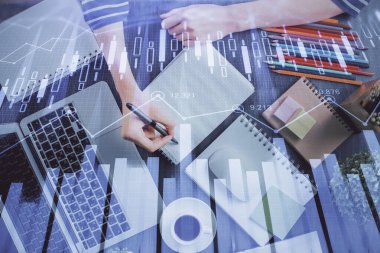 Finansal Forex grafiği el notları arka plan alarak çizilmiş. Araştırma kavramı. Çift Pozlama