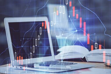 Bilgisayar geçmişi olan eski grafik hologramı. Çifte maruziyet. Finans piyasası kavramı.